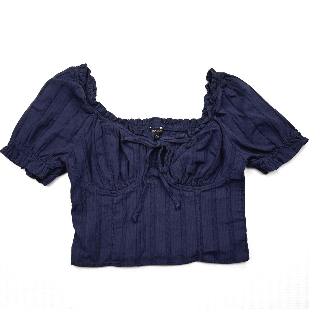 Blashe Womens Large Navy Blue Puff Sleeve Smocked Tie Front Crop Top BSET03114